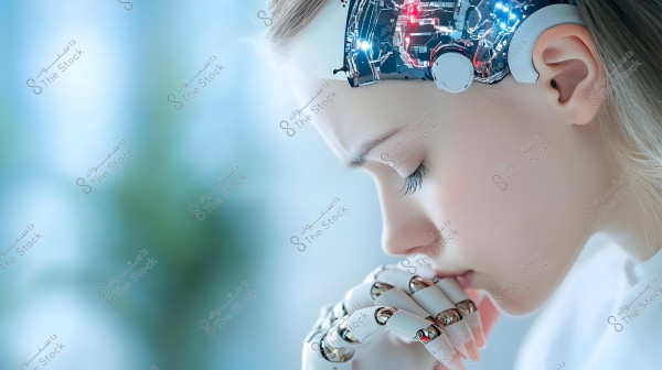Image of a futuristically designed humanoid face, showing part of the head with glowing technological components, calm features, and blonde hair. The right hand is crafted from metallic materials, highlighting the robotic design. The background is characterized by soft green and blue hues.