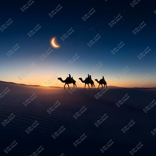 An image depicts a nighttime desert scene with three camels walking in a line under a bright crescent moon and a starry sky. The horizon glows orange with the first light of dawn, while the desert sands stretch into the darkness.