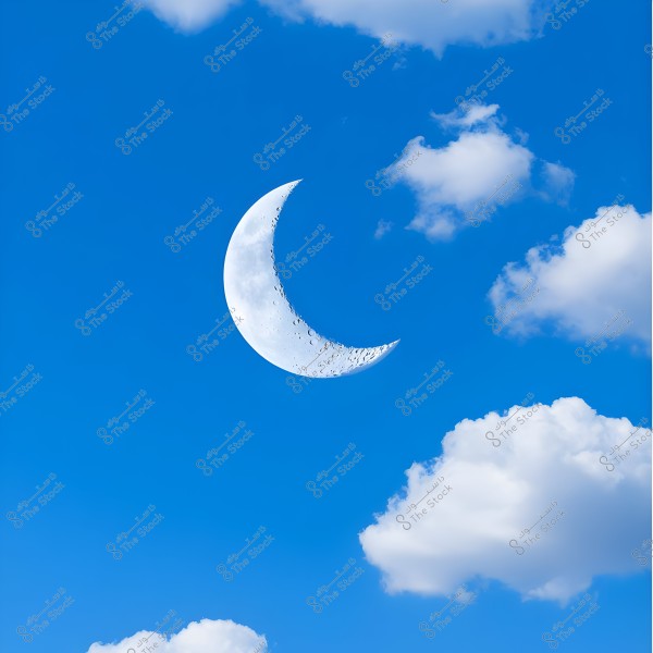 An image depicting a bright blue sky with several scattered fluffy white clouds. Dominating the scene is a distinct white crescent, featuring surface details similar to those of the moon.