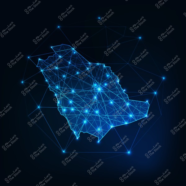 An image depicting the map of Saudi Arabia, formed by glowing blue lines and dots on a dark background, highlighting the shape of the country with a connected network pattern.