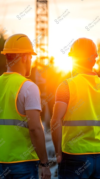 The image shows two men wearing yellow reflective safety vests and yellow hard hats, standing at a construction site with the sun setting in the background. The strong sunlight illuminates the image, creating silhouettes of the scene.
