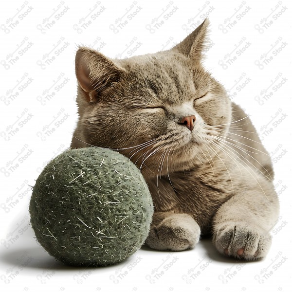 A brown cat with closed eyes resting next to a small wool ball on a white background. by AI