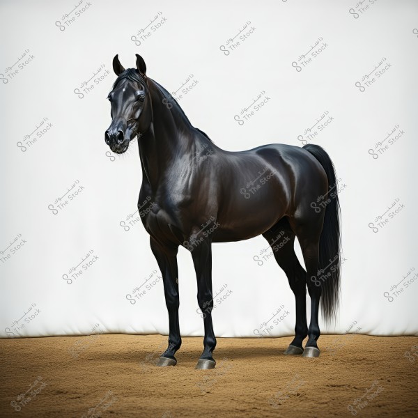 Image of a shiny black horse standing on a sandy surface with a soft white background. The horse is standing majestically, with its ears perked and its long tail hanging behind.