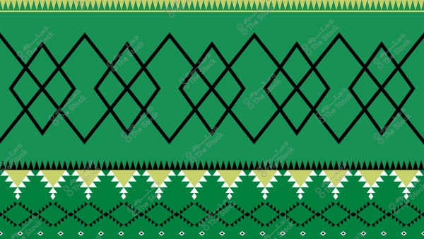 نموذج تصميم هندسي مكون من أشكال معينية وسوداء متشابكة تأخذ شكل خطوط مائلة على خلفية خضراء. يوجد في الأسفل أشكال مثلثة باللونين الأخضر الفاتح والبيج. التصميم يبدو مستوحى من الأنماط التقليدية.