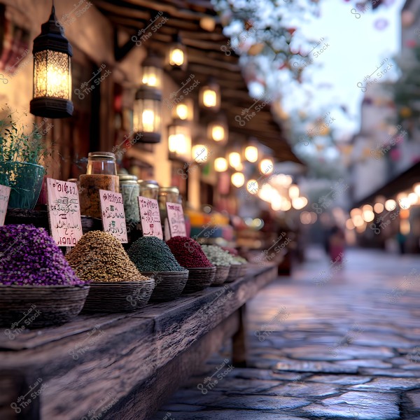 An image of a traditional outdoor market featuring a long table with baskets filled with various spices such as peppers and dried herbs, with pricing tags written in Arabic. Traditional lamps are hanging above the table, adding a warm ambiance to the scene. In the background, market alleys with pedestrians, and trees decorated with hanging ornaments and lights can be seen.