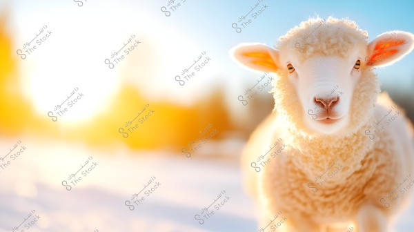 A close-up image of a small lamb with soft white wool, clearly visible in bright sunlight. The lamb is surrounded by a blurred natural environment with warm tones of yellow and orange, giving a peaceful and serene atmosphere to the scene.