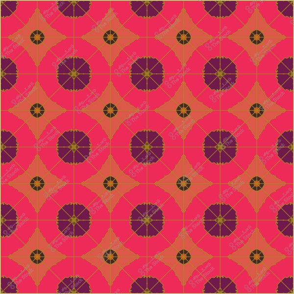 Geometric pattern consisting of circles and star-shaped motifs in red, orange, and purple colors.