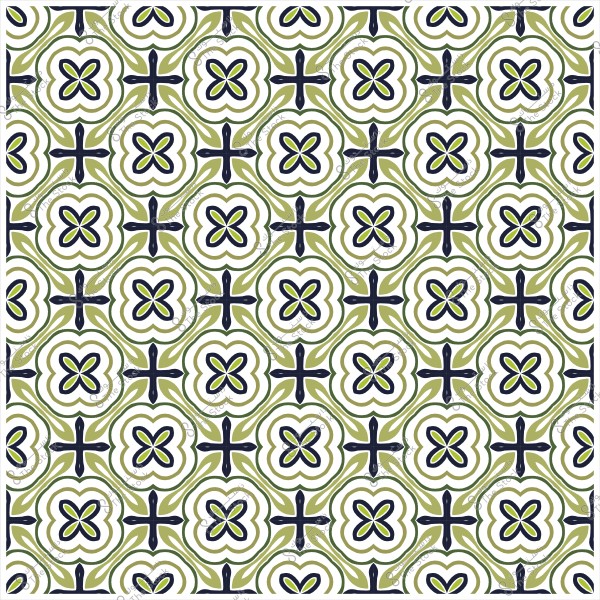 نمط زخرفي بأشكال متكررة باللونين الأخضر والرمادي الداكن, يتميز بتصميمات هندسية وزهرية.