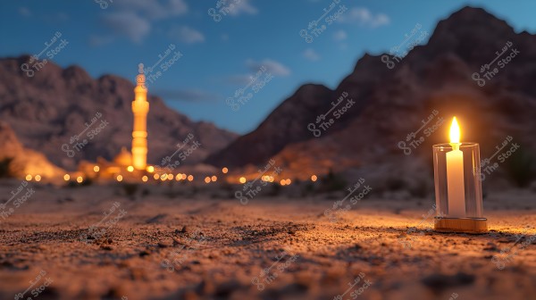 A lit candle in a glass holder placed on sandy ground in the foreground, with a mountain landscape in the background. In the distance, the illuminated minaret of a mosque is visible at dusk, casting a warm glow over the surrounding terrain, with a few clouds in the blue sky.