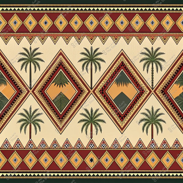 نمط هندسي تقليدي يتضمن أشكالًا ماسية مع تصاميم داخلية لأشجار النخيل على خلفية بلون البيج. النمط مزين بألوان الأحمر والأصفر والأسود, ويتميز بوجود تفاصيل زخرفية مع أشكال ماسية أصغر في الأعلى والأسفل. هذا النمط يعكس الطراز الفني العربي التقليدي.