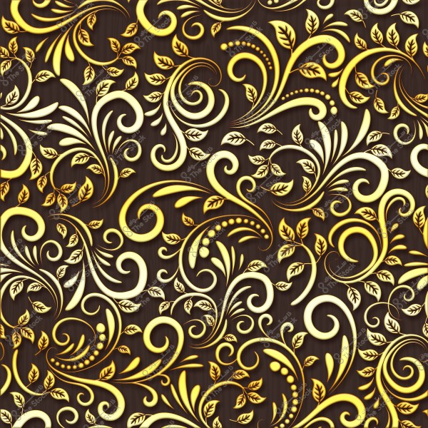 An image featuring an intricate gold decorative pattern, consisting of curved and interlocking designs of leaves and plant branches. The background is dark, highlighting the golden details of the pattern. The ornaments are rendered in an artistic style reminiscent of classical era designs.