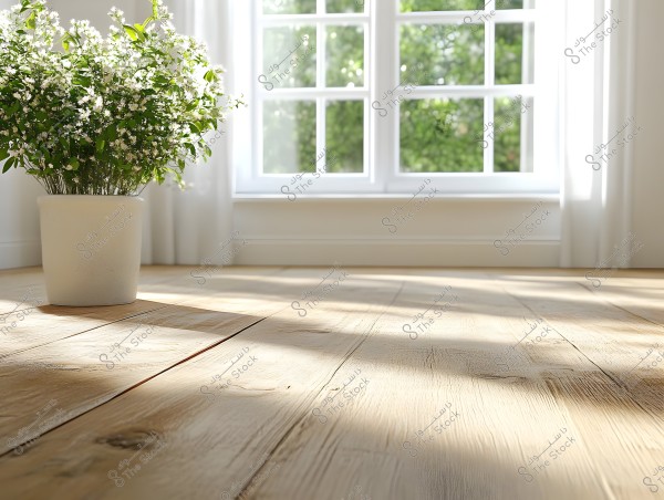 Image showing a white-flowered potted plant placed beside a large window. Natural light streams in through the window, revealing a green outdoor courtyard and casting shadows on the natural textured wooden floor. The sheer white curtains add a touch of warmth and tranquility to the scene.