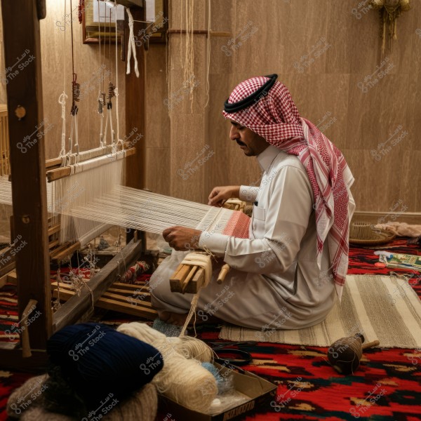 A man wearing a white thobe and red ghutra is sitting on a carpet inside a room, working on weaving fabric using a traditional wooden loom. Next to him are threads of various colors on the floor, including blue and white. The room\'s walls are adorned with warm colors.