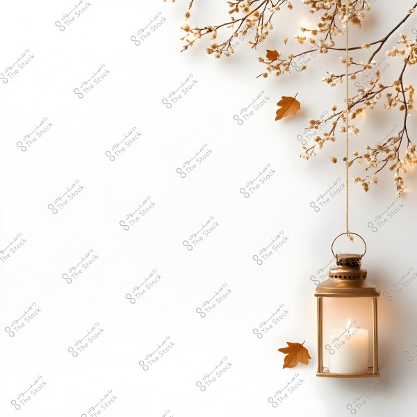 Image of a golden lantern hanging by a cord with a lit candle inside, illuminated next to tree branches adorned with white blossoms and yellow flowers, with a falling brown leaf, set against a clean white background.
