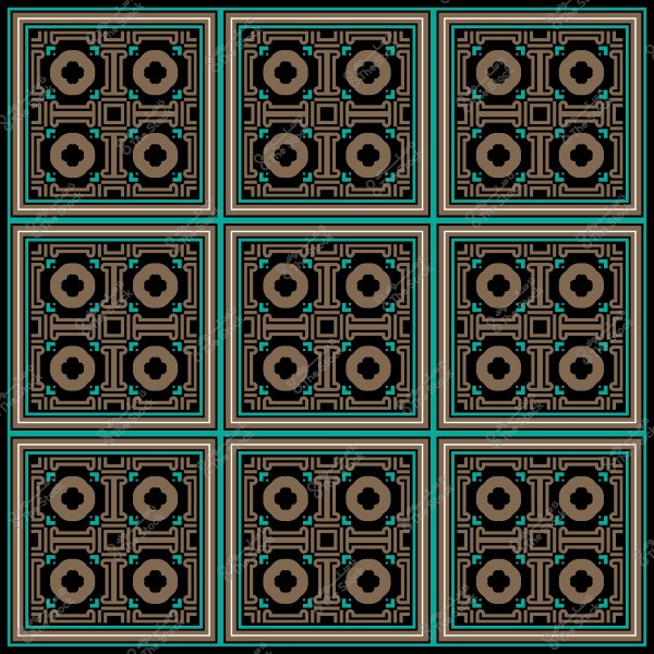 نمط زخرفي من المربعات السوداء والذهبية مع لمسات زرقاء وتكرارات هندسية متناظرة.