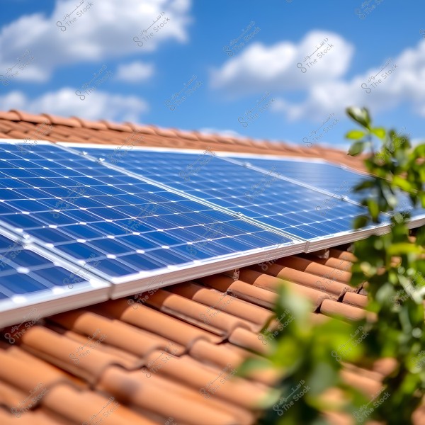 The image shows solar panels installed on a roof covered with red tiles. The sky is clear and blue with a few scattered clouds in the background. There are some green branches or plants in the foreground to the right.