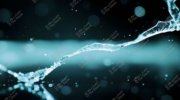 A close-up image of a water droplet frozen in mid-air, showcasing the crystalline and dynamic structures. The background is blurred with a light blue hue, accentuating the flowing shape of the water.
