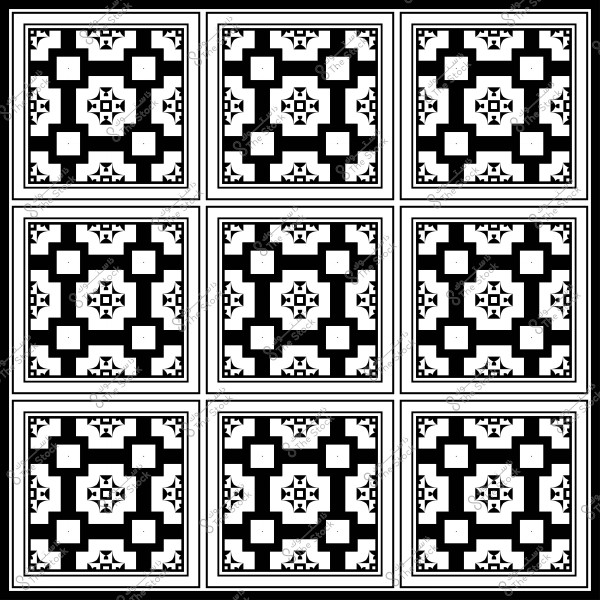 A geometric black and white design repeated in a grid pattern. The pattern includes intersecting square shapes.