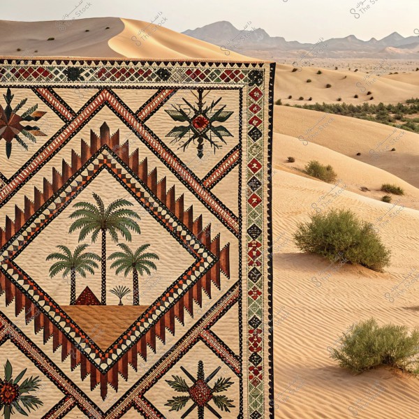 تظهر في الصورة سجادة عربية تقليدية بتصميم هندسي وزخارف نخيل. تقع السجادة في المقدمة وتغطي جزءاً من مشهد صحراوي يمتد في الخلفية, حيث تظهر كثبان رملية ونباتات صحراوية قليلة, مع جبال بعيدة في الأفق.