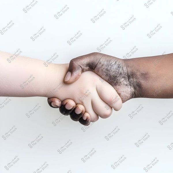 An image of two hands shaking against a white background. One hand has light skin and appears clean, while the other hand has slightly darker skin and is covered with dirt and darkness. The scene symbolizes solidarity and unity between two individuals from different origins or backgrounds.