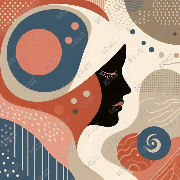 An abstract image of a side profile of a smiling woman, with the face depicted in black and outlines of lips and eyelashes in pink. The background features circular geometric shapes and dots in various colors, including orange, blue, and beige, with a pattern resembling long white flowing hair interwoven with other elements.