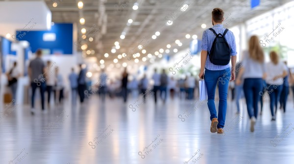 A person walking down a wide and crowded hallway inside a shopping mall or exhibition. The individual in the foreground is wearing a blue checkered shirt and jeans, carrying a black backpack and a white shopping bag. The background shows other people walking or standing, with bright lights adorning the ceiling, indicating a modern and bustling atmosphere.