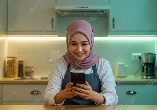 A portrait of a young woman wearing a pink hijab and an apron standing in a modern kitchen. She is smiling while using a smartphone. The kitchen is bright and well-organized, with jars and kitchen appliances in the background.