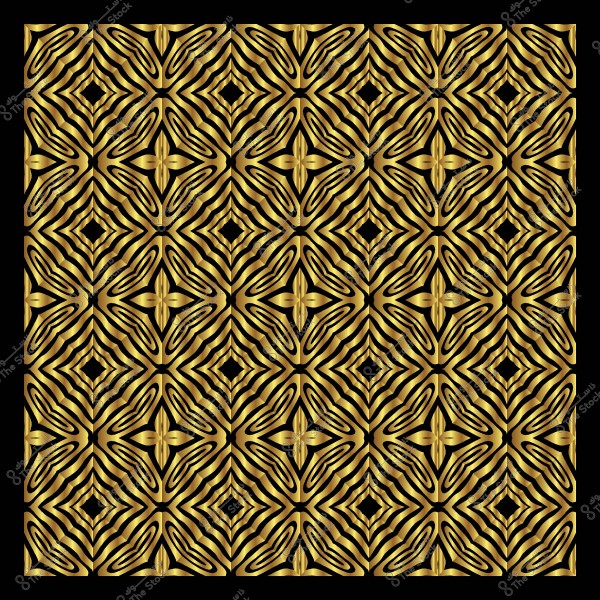 Symmetrical gold decorative pattern on a black background with a repeating geometric design.