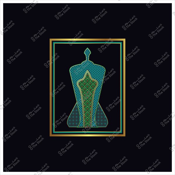 صورة مرسومة لأشكال هندسية ملونة تشكل صورة تجريدية لجسم إنسان داخل إطار ذهبي على خلفية سوداء. الأشكال مزخرفة بأنماط متكررة بألوان زرقاء وخضراء مع لمسات ذهبية, مما يعطي الانطباع بالفن الإسلامي أو الزخرفة الشرقية.

-