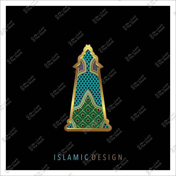 Islamic design with gold, green, and blue patterns on a black background.