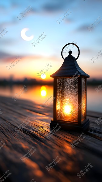 A traditional lantern lit on a wooden surface in the foreground, with a sunset creating an orange and yellow gradient in the background. A crescent moon is visible in the faint sky, and the horizon reflects on the calm water.