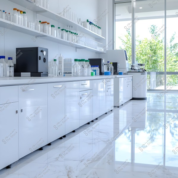 The image depicts a modern laboratory with shiny white marble floors. The lab room features white workbenches and shelves filled with plastic bottles and containers with colorful lids. There is also advanced laboratory equipment, such as machines for analyzing samples. Natural light enters through large windows, revealing green views of trees outside.