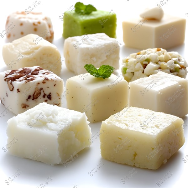 A collection of small, cube-shaped sweets in various colors and flavors, placed on a white surface. Some cubes contain nuts or pieces of other ingredients, while some others have herbs as garnish.