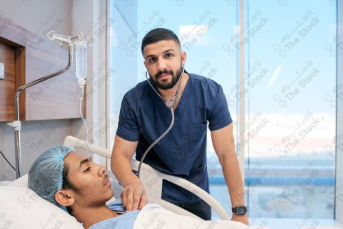 A Saudi doctor wearing a medical uniform and applying a nourishing solution, medicine and health care