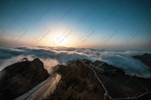 A shot showing the Black Mountain in the Jazan region in southern Saudi Arabia, a tent at the top of the mountain, historical and tourist landmarks, mountain heights, Jazan mountains, mountainous nature in Jazan