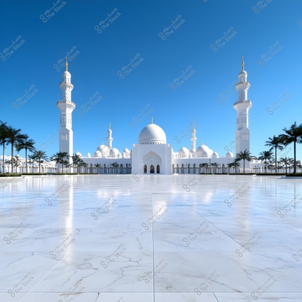 An image of a large mosque with distinctive Islamic architecture, featuring white minarets and multiple domes in the background, with a reflective marble floor in the foreground. Palm trees line the sides under a clear blue sky.