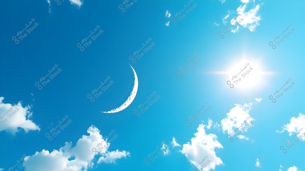 An image of a clear blue sky with scattered white clouds. In the top right corner, the sun is shining brightly, while a white crescent moon is prominent in the upper half of the image.