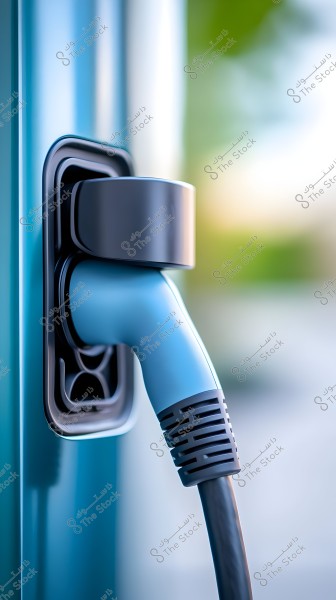 The image shows a blue electric car charging connector plugged into a charging station. The background is blurred with soft green and blue tones, highlighting the focus on the charging cable and station.