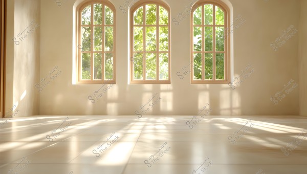 An image of a bright room featuring three large arched windows, overlooking a natural scene with green trees. Sunlight streams through the windows, casting interesting shadows on the glossy tiled floor.