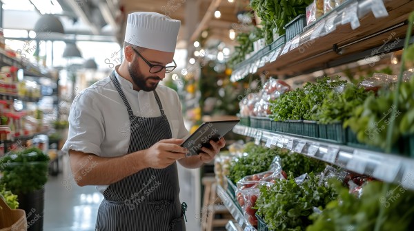 Image of a chef wearing traditional chef attire with a white chef\'s hat and a blue and white striped apron. He stands in a store, using a tablet while reviewing a variety of vegetables displayed on shelves nearby. The store is filled with fresh vegetables and produce.