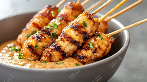An image of a dish featuring grilled and seasoned chicken skewers placed on top of a thick curry sauce in a bowl. The chicken shows grill marks and is garnished with fresh parsley.
