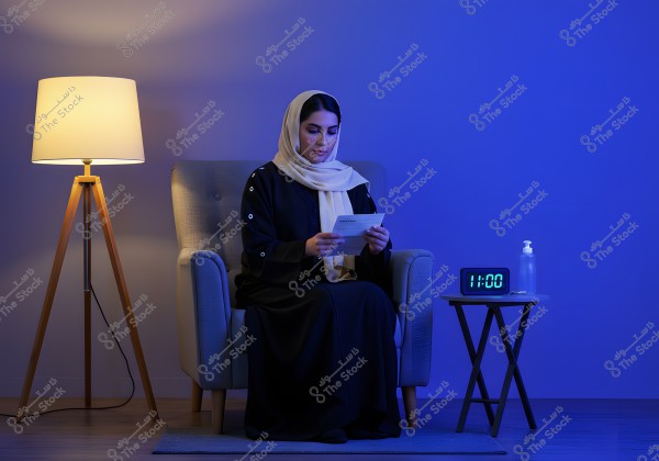 A woman sits on a light gray chair next to a floor lamp emitting warm yellow light. She is wearing a black abaya with a beige headscarf. She is holding a piece of paper while a digital clock on the side table shows the time 11:00. Also on the table is a clear pump bottle. The walls are dark blue, creating a calm atmosphere.