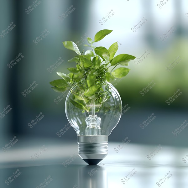 An image of a light bulb on a glass table with a small green plant inside it, featuring prominent leaves. The background is blurred, creating a calm ambiance with light and shadow effects.