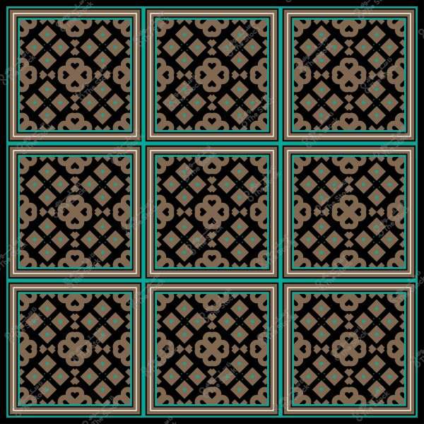 تصميم فسيفساء بعناصر هندسية ونمط متكرر بألوان ترابية وزرقاء.