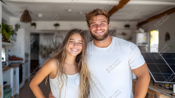 A photo of two individuals standing next to each other, smiling towards the camera. They are wearing casual white clothing. The setting appears to be inside a well-lit house with plant decorations and some solar panels on the table.