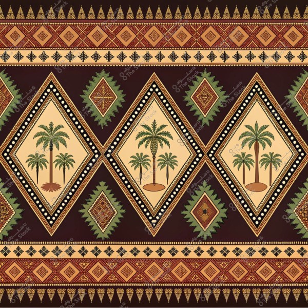 تصميم زخرفي يعرض نمطًا هندسيًا مع أشكال ماسية تحتوي على رسوم لأشجار النخيل. اللونان البارزان هما البني والبيج, مع تفاصيل خضراء وحمراء. الأشكال تتكرر بشكل متناظر وتشمل أنماطًا زخرفية صغيرة في الخلفية.