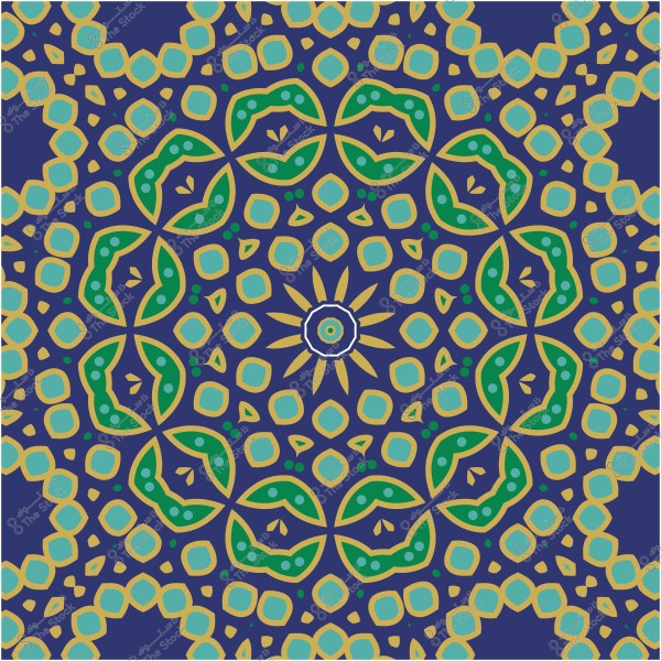 تصميم هندسي مزخرف بألوان زرقاء وخضراء وذهبية.