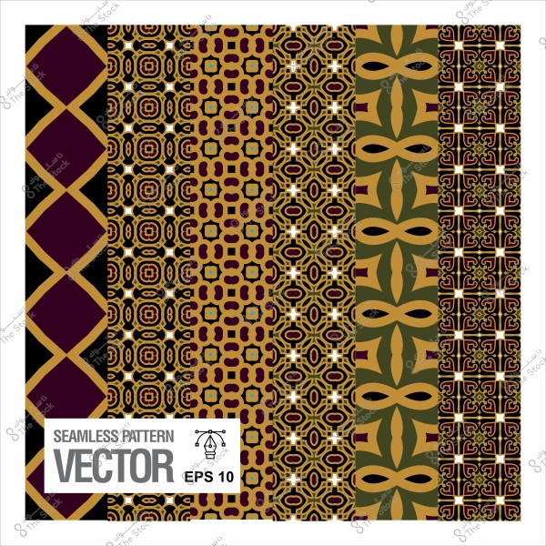 مجموعة من الأنماط الزخرفية المتنوعة بألوان ذهبي, أسود, وبنفسجي, تصاميمها متماثلة ومتكررة بشكل أنيق.