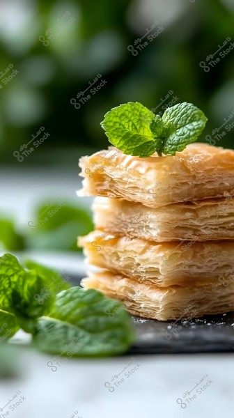 An image showing three pieces of baklava stacked on top of each other on a plate. The pieces are made from thin layers of dough filled with sugar and almond, topped with a green mint leaf. The background is green with additional mint leaves scattered around.
