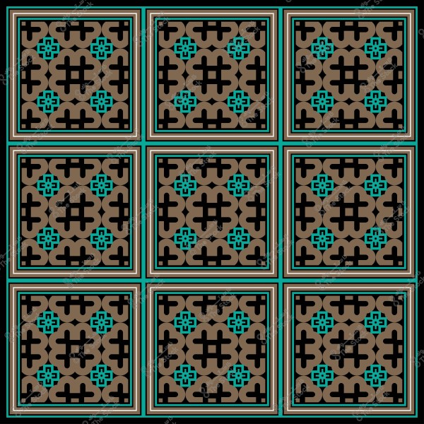Geometric mosaic pattern with repeating brown and blue square designs.